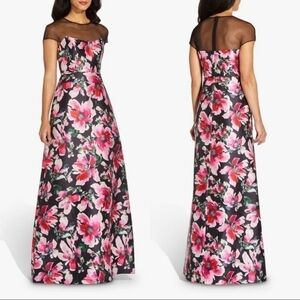 NWT Adrianna Papell Illusion Mikado Floral Maxi Gown Dress